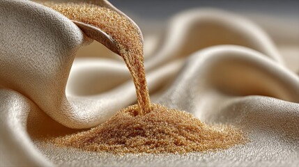 Flowing golden beads on luxurious silk fabric detail