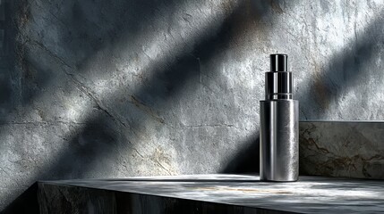 Elegant metal dispenser on marble surface in dramatic lighting