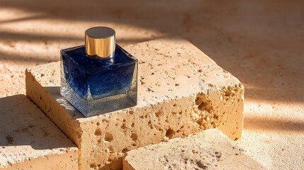 Elegant blue perfume bottle on textured beige stone blocks in sunlight