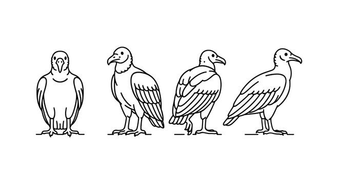Linear vulture drawings: front and side views in minimalist style