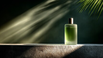 Elegant green perfume bottle on rustic surface with dramatic lighting and palm shadows