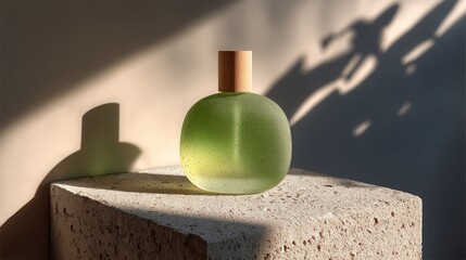 Elegant green glass bottle with wooden cap on stone pedestal in sunlight