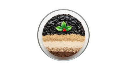 Oval dish with layered toppings and festive garnish