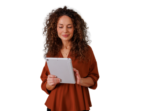 Woman smiling, confident and focused, holding a digital tablet for online browsing and communication, transparent background