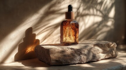 Elegant amber glass oil bottle on rustic stone in sunlit setting