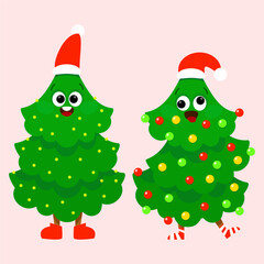 Cute Cartoon Christmas Trees with Santa Hats