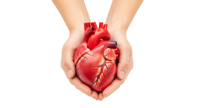 Human Hands Gently Holding a Detailed Anatomical Model of a Red Heart, isolated on a transparent background, cutout, PNG - Powered by Adobe