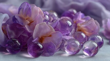 Elegant purple flowers and transparent spheres on soft pastel fabric