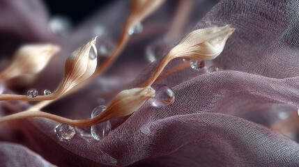 Delicate water droplets on textured fabric with seed pods