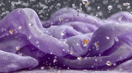 Purple fabric waves with water droplets in motion