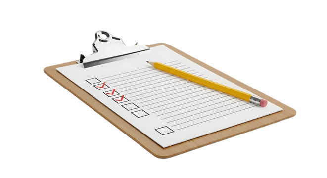 Wooden clipboard with white paper and yellow pencil showing completed checklist items, isolated on a transparent background, cutout, PNG