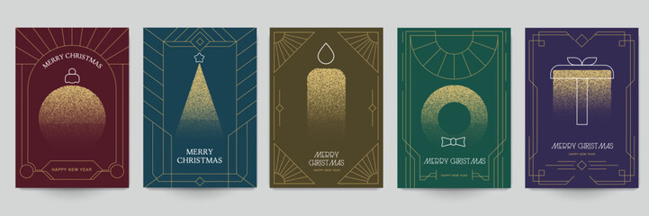 Christmas background for card, banner, card, poster, invitation in luxury art deco style. Set templates for holiday event with festive elements tree, bell, sock, ball toy. Vector illustration.
