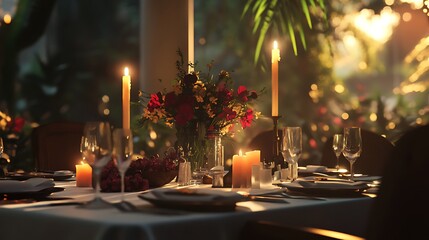 Elegant candlelit dinner table setting with floral centerpiece