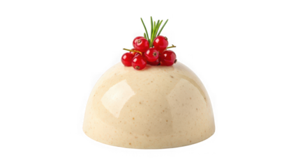 Elegant dome shaped dessert topped with red berries and green garnish