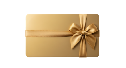 Golden gift card with satin ribbon and bow, isolated on a transparent background, cutout, PNG