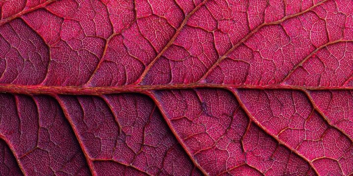Detailed texture of a vibrant red leaf reveals intricate network of veins creating an organic natural abstract pattern in botanical background