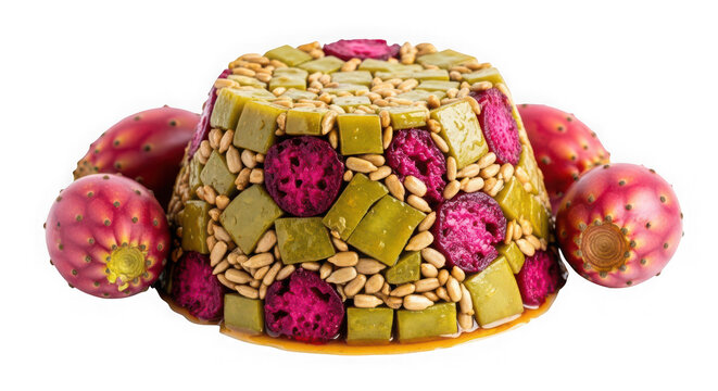 Vibrant fruit jelly mold surrounded by prickly pears