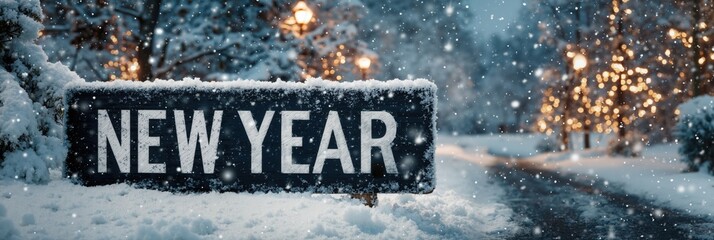 Snowy path with festive new year sign and glowing lights on a winter night