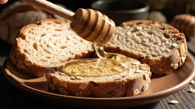 Honey drizzling on bread slice close up with wooden honey dipper on a plate with blurred background