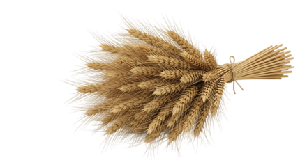 Sheaf of golden wheat ears tied with twine on a dark background, isolated on a transparent background, cutout, PNG