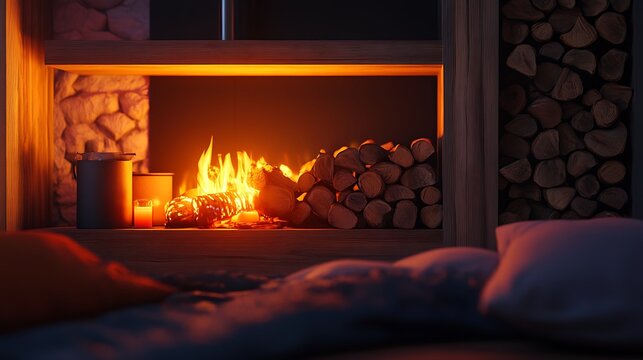 Cozy fireplace with burning logs and warm candlelight - Powered by Adobe