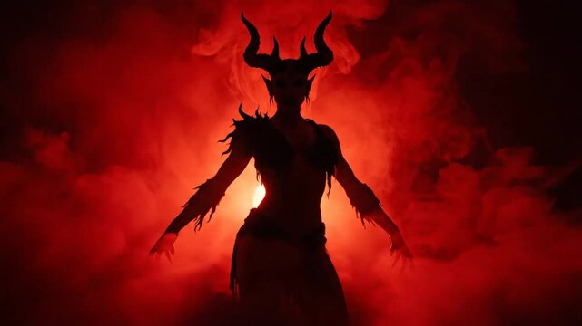 Mysterious silhouette of a horned demoness in red smoky atmosphere poses dramatically