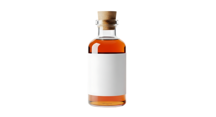 Clear glass bottle with amber liquid and cork stopper on a blank white label, isolated on a transparent background, cutout, PNG