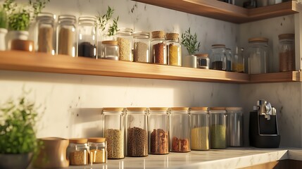 Neatly organized kitchen pantry with shelves full of jars
