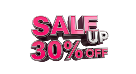3 D rendered text S A L E U P 30% O F in pink and silver, isolated on a transparent background, cutout, PNG