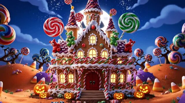 Enchanting 3D Animation of a Gingerbread House in a Halloween Candy Land Scene with Illuminated Pumpkins and Lollipops