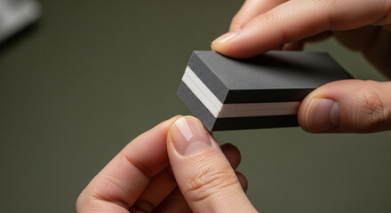 A woman holds a multi-sided nail buffer block, preparing for a manicure. Close-up on a nail care routine for filing, smoothing, and polishing natural nails. Concept for a beauty salon