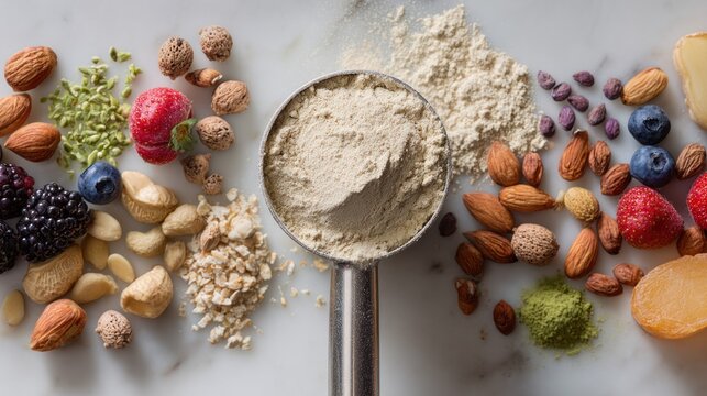 Assorted plant-based protein powder in measuring cup surrounded by nuts, seeds, berries, and superfoods on grey background, representing healthy nutrition and fitness lifestyle supplements