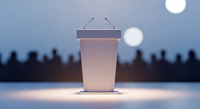 Empty podium with microphones on stage in front of blurred audience, symbolizing public speaking, leadership, presentation, conference, announcement, and professional communication concept.