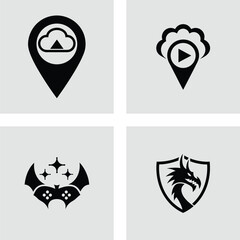 Set of gaming and cloud icons simple black vector design elements isolated on white background