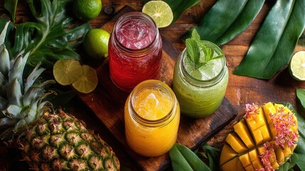 Three vibrant tropical fruit smoothies in glass jars with fresh pineapple, mango, lime and mint on wooden cutting board for healthy refreshment