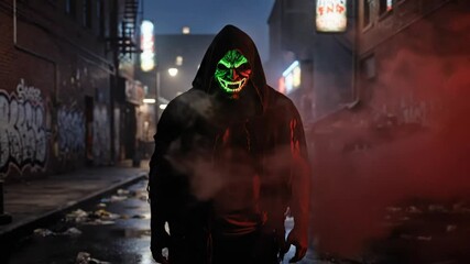 Mysterious hooded figure wearing a glowing mask exhaling red smoke in a dark urban alley at night