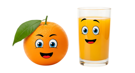 A happy orange fruit with a green leaf and a glass of orange juice with cartoon faces, isolated on a transparent background, cutout, PNG
