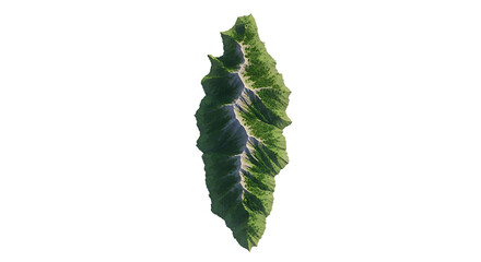 Detailed aerial view of a lush green mountain range with steep slopes and visible trails, isolated on a transparent background, cutout, PNG