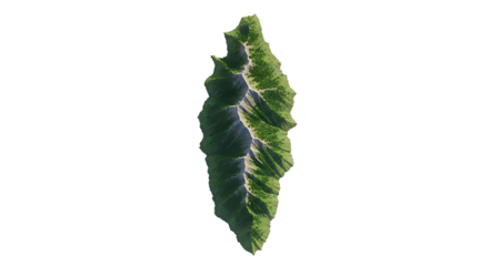 Detailed aerial view of a lush green mountain range with steep slopes and visible trails, isolated on a transparent background, cutout, PNG