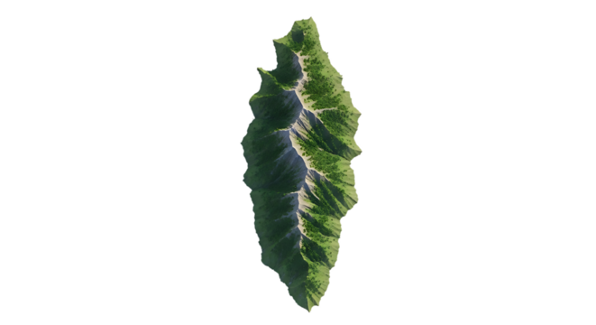 Detailed aerial view of a lush green mountain range with steep slopes and visible trails, isolated on a transparent background, cutout, PNG