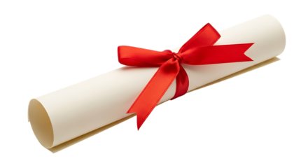 Rolled diploma or certificate with red ribbon tied in a bow, isolated on a transparent background, cutout, PNG