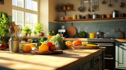 Sunlit kitchen counter filled with fresh fruits and vegetables