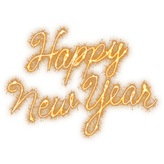 Happy New Year text in compact, rounded gold sparkler cursive script isolated on a transparent background