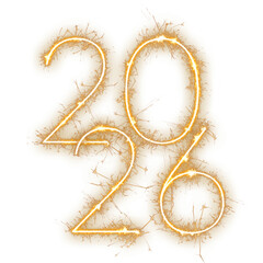 2026 happy new year date number in a two-line layout of flowing gold sparkler isolated on a transparent background, perfect for layering onto festive greetings or digital banners