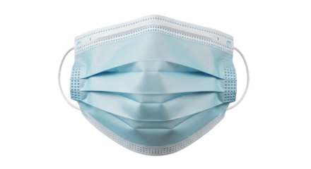 Light Blue Disposable Face Mask with White Ear Loops, isolated on a transparent background, cutout, PNG