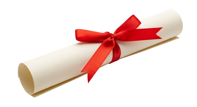 Rolled diploma or certificate with red ribbon tied in a bow, isolated on a transparent background, cutout, PNG - Powered by Adobe