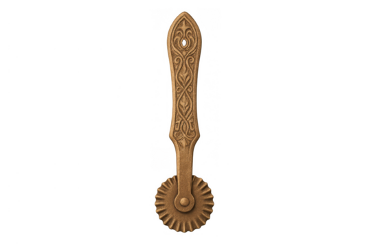 Vintage ornamental wooden pastry wheel, cutting pasta dough, making dessert, kitchen utensil, baking tool