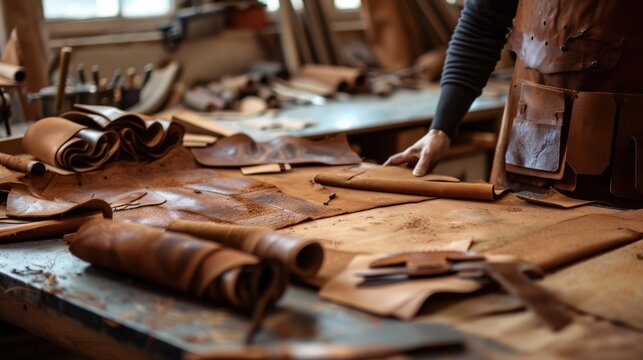 A workspace filled with various pieces of brown leather, tools, and materials for crafting. The table is cluttered with leather rolls and cuttings.