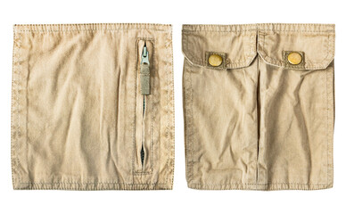 Isolated photo of beige or light brown colored jacket cloth pocket patches with stitch bordering...