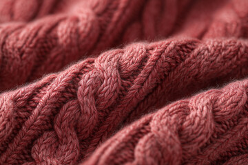 A close-up, macro view of a richly textured, chunky knit sweater in a warm, dusty rose or deep pink color, featuring a classic, intricate cable knit pattern.
